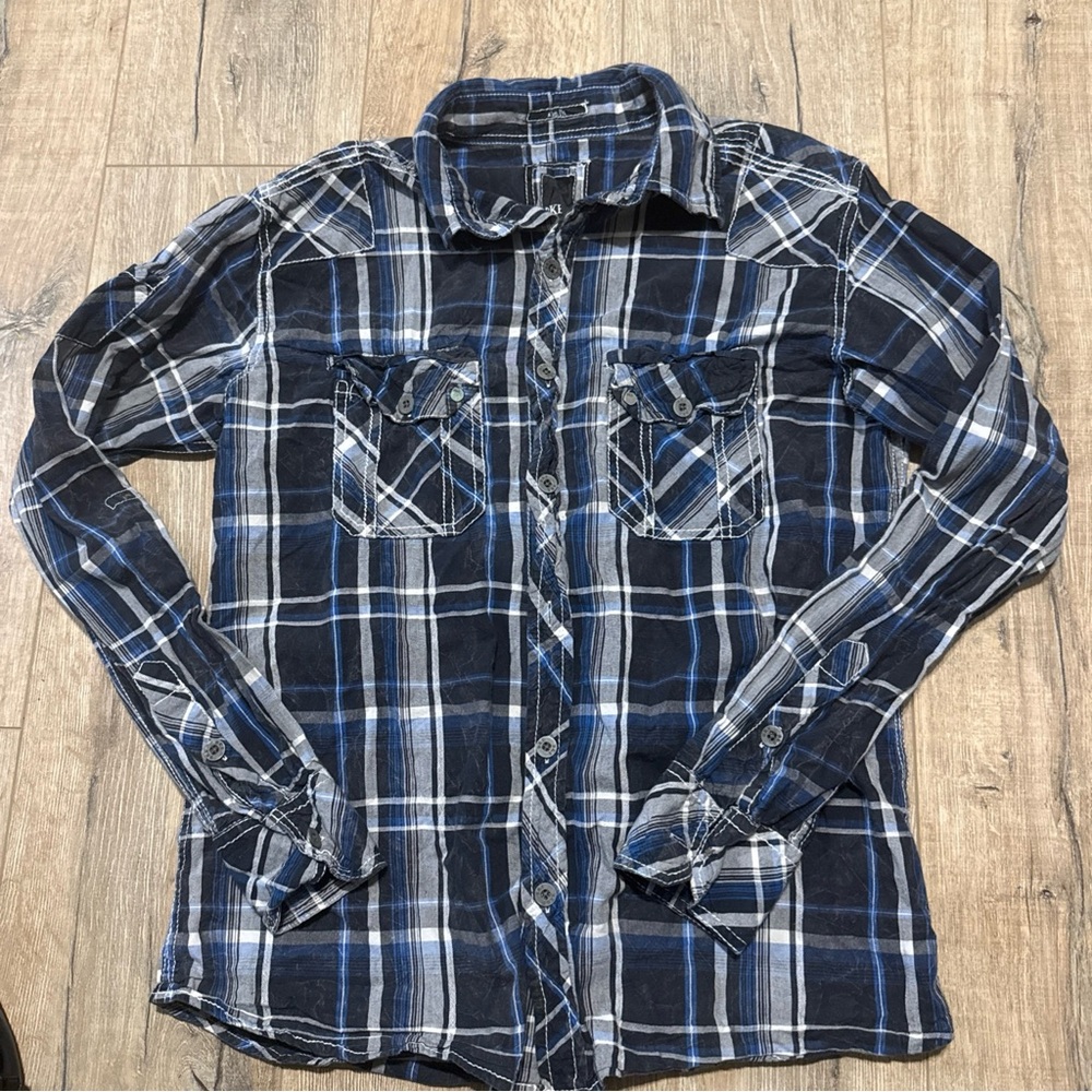 BKE Navy and White Mens Plaid Button Down Shirt Slim Fit